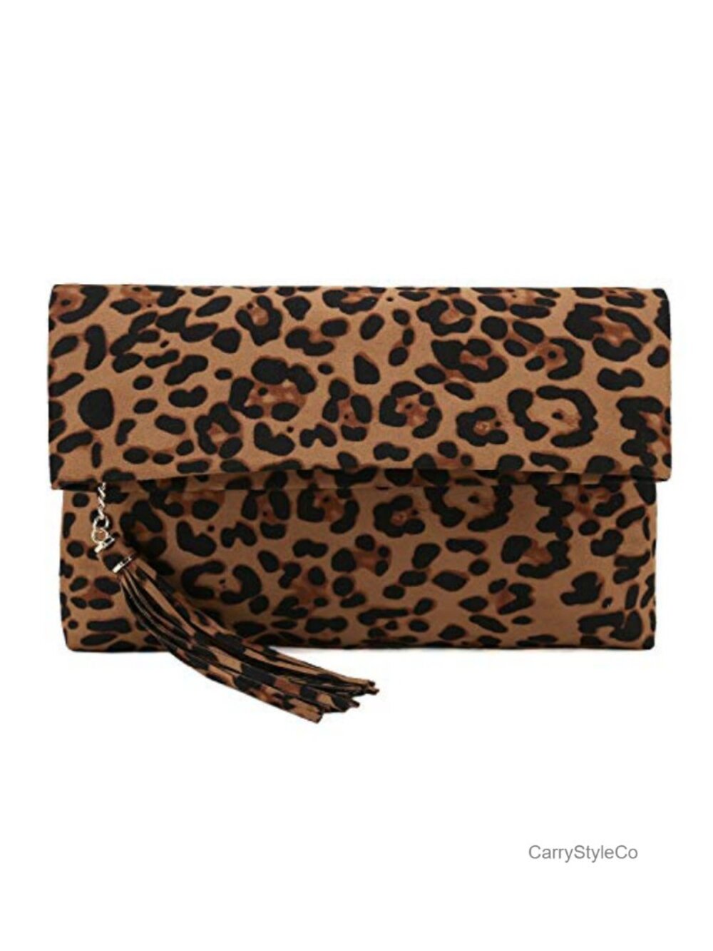 Leopard Foldover Clutch, Faux Suede Dressy Purse, Chain Strap
